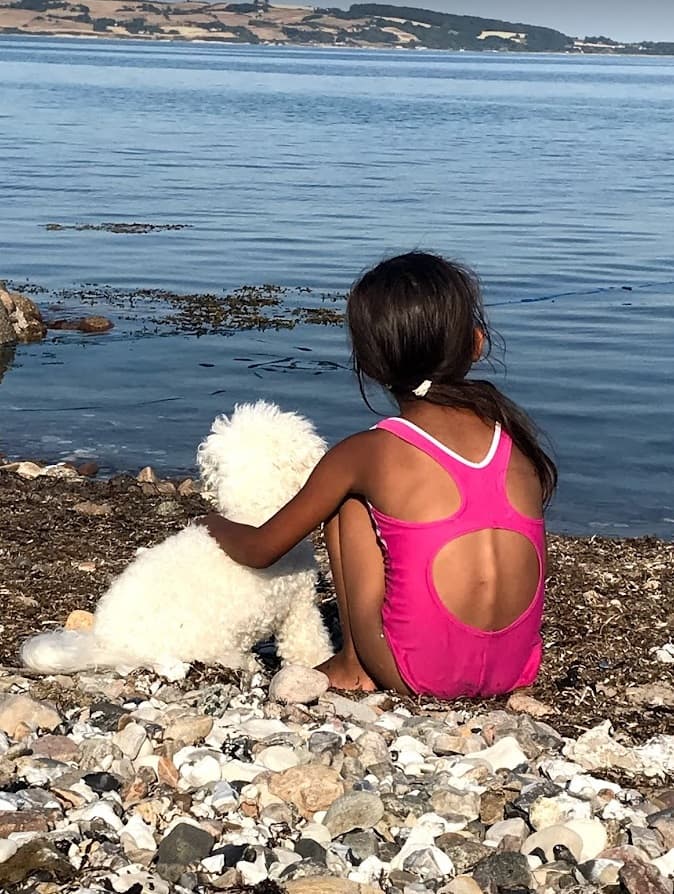 Et barn sidder ved vandkanten med armen om en hvid hund